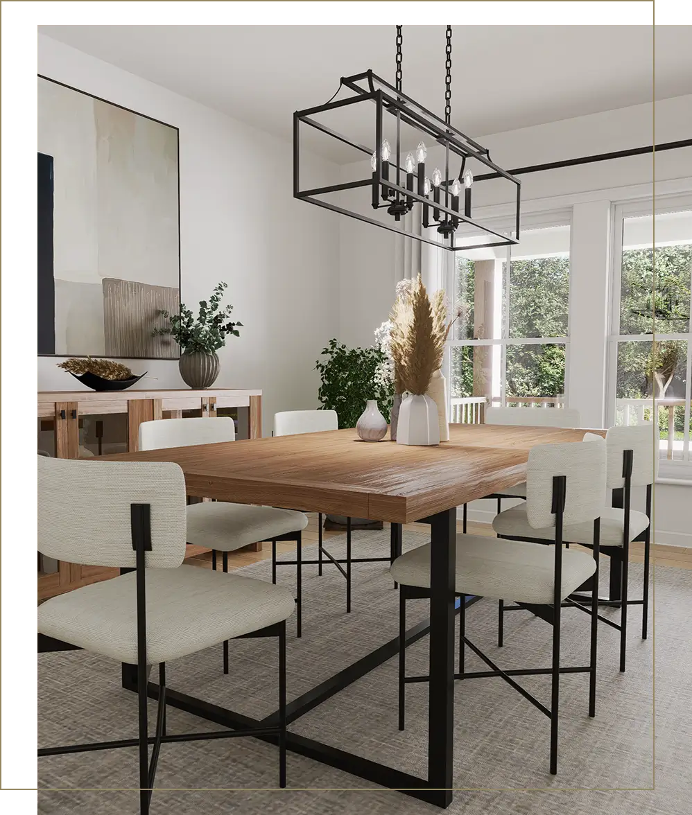 A dining room table with chairs and a chandelier.