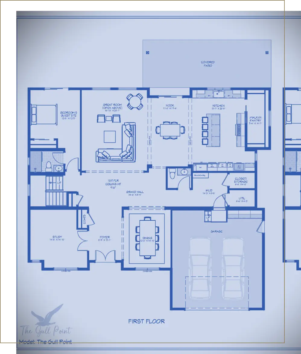 A floor plan of a house with blue lines drawn on it.