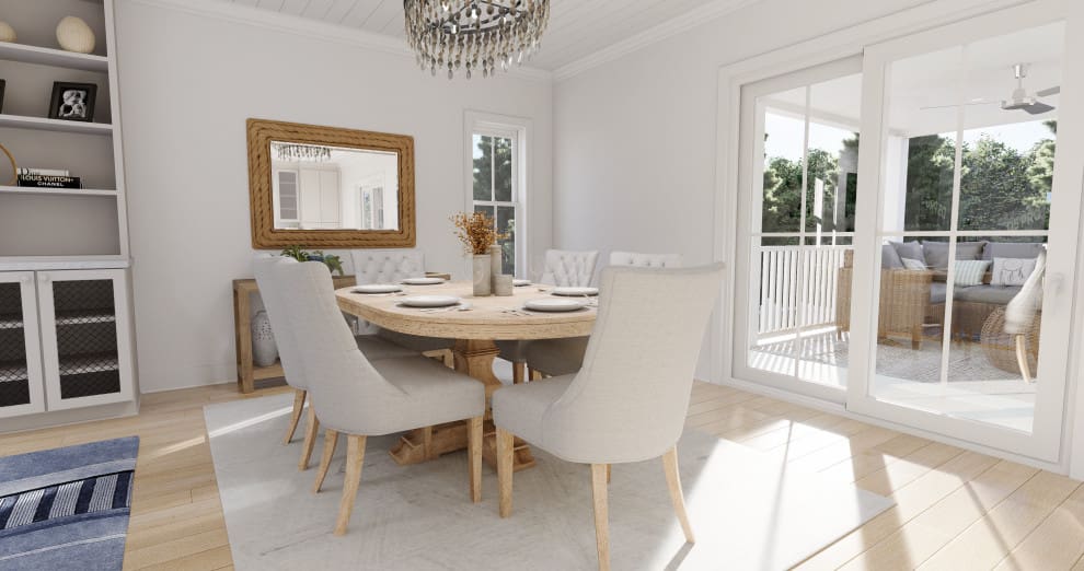 A dining room with white chairs and a table