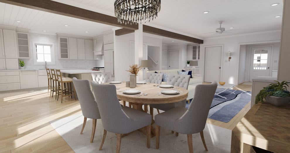 A dining room table with six chairs and a chandelier.