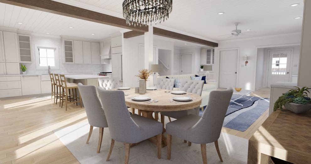 A dining room table with six chairs and a chandelier.