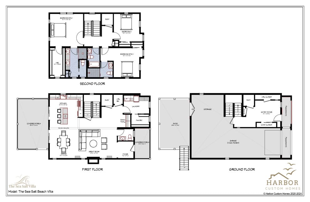 A floor plan of the top two floors and bottom one.