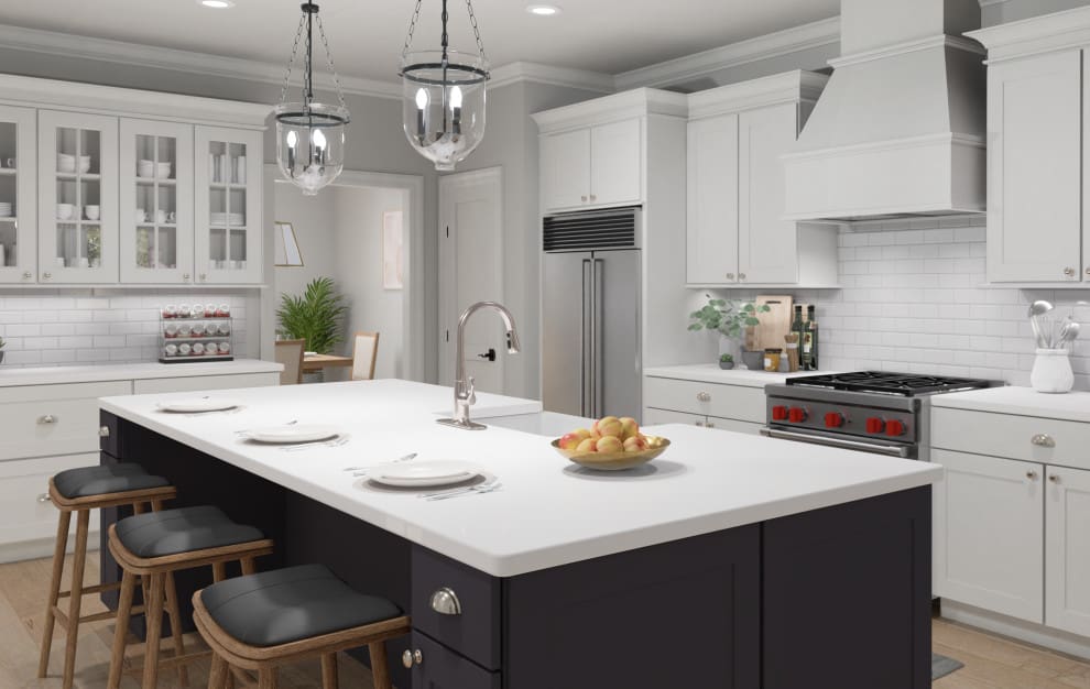 A kitchen with white counters and black cabinets.