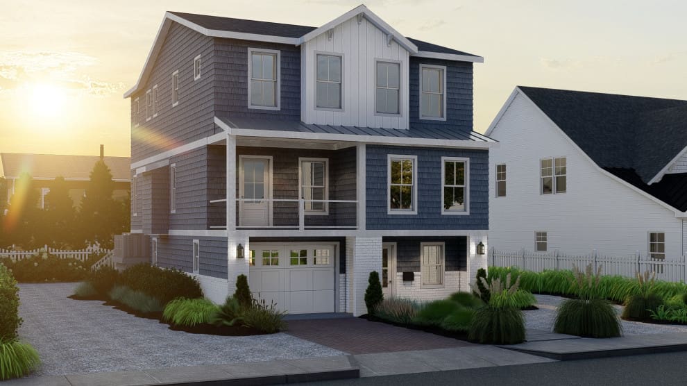 A house with two levels and a garage.